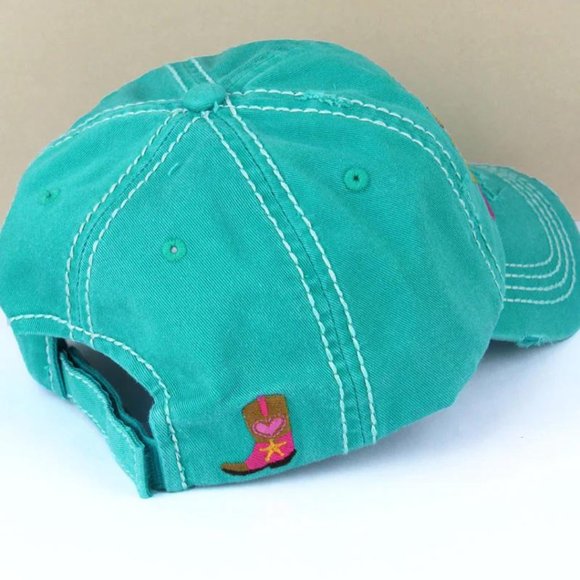 KBETHOS Cowgirl At Heart Distressed Ball Cap Hat Teal NWT - Picture 3 of 4